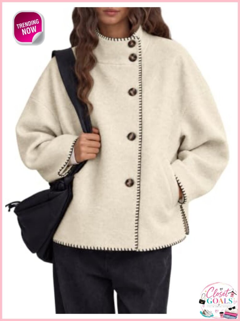 Cropped Pea Coat Oversized Stand Collar Polyester Viscose Winter Wool Coat